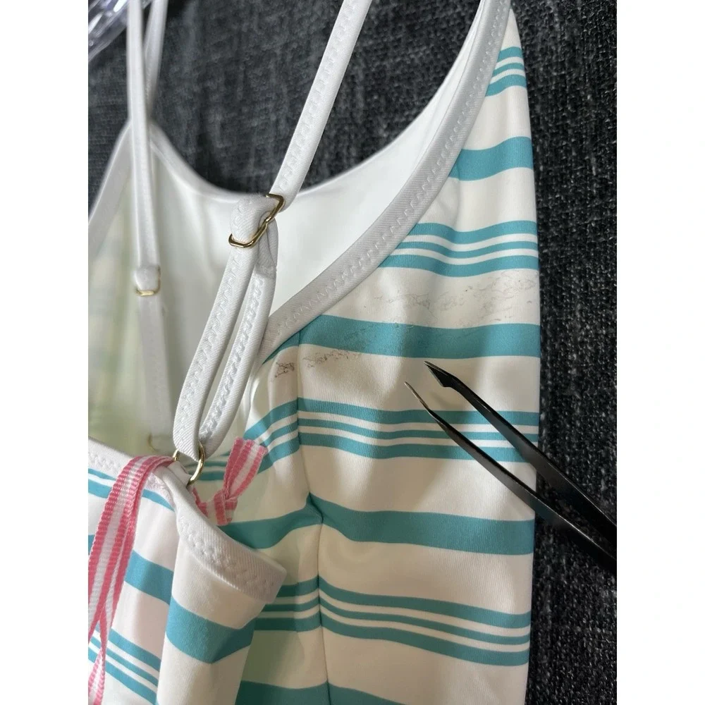 $65 NWT Vineyard Vines Sz M (10-12) Girls Swim Suit White Blue Green Stripe New